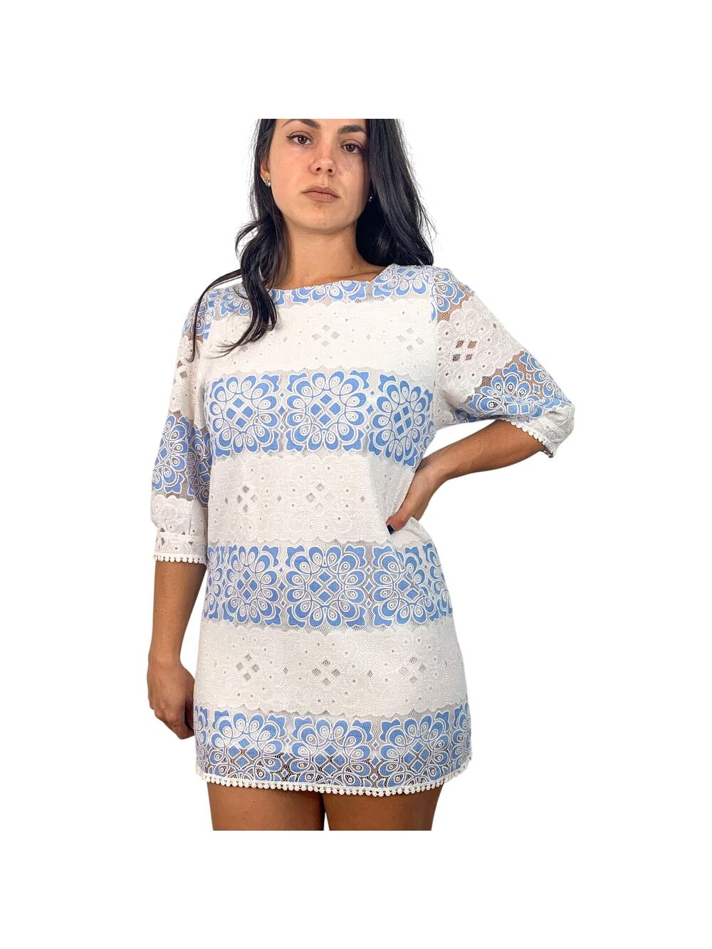 Elf Sack White & Blue Lace Mini Dress